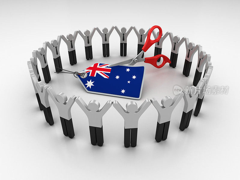 图形团队与澳大利亚国旗价格标签和剪刀- 3D渲染